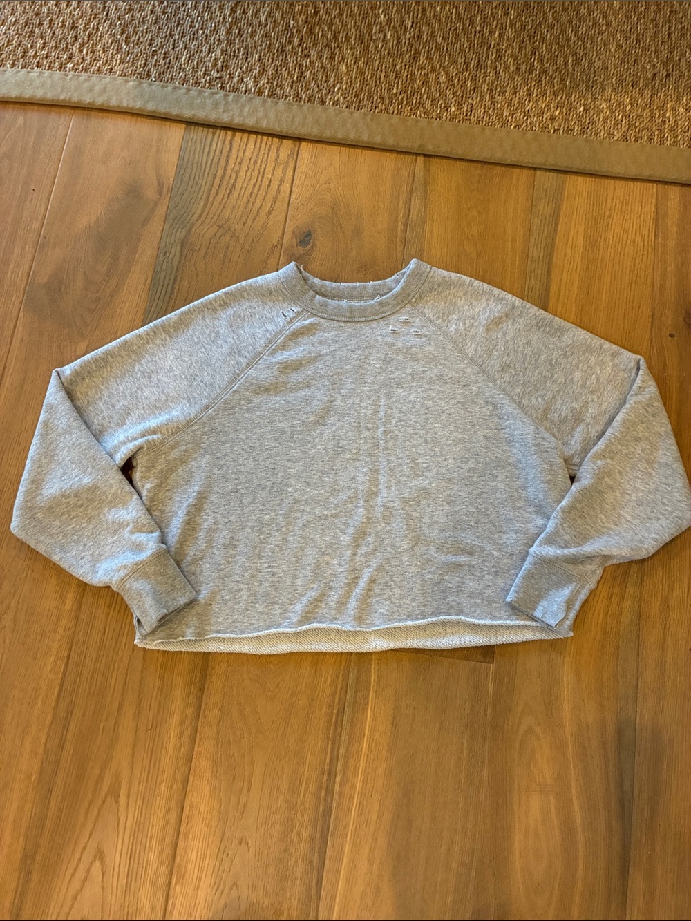 Aerie Light Gray Distressed Cropped Crewneck Sweatshirt